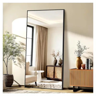 Produktbild von Rechteckiger Ganzkörperspiegel, 196 x 96 cm, Großer Standspiegel mit schwarzem Aluminiumrahmen, Hängend, Stehend, Kippbar, für Wohnzimmer, Schlafzimmer und Flure