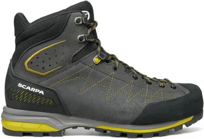 Zodiac TRK GTX Trekking Schuhe für Herren von Scarpa in Grau mit gelben Akzenten und Schnürung.