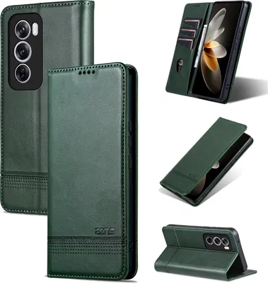 Produktbild von Leder Hülle für Oppo Reno12, Klapphüllen Brieftasche Magnetverschluss Ständer Schutzhülle Grün