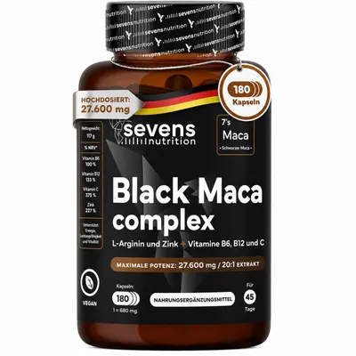 Produktbild von Maca Kapseln Hochdosiert - 27 600 mg je Tagesdosis - 180 Vegane Kapseln - Black Maca Complex 20:1 mit L-Arginin, Zink und den Vitaminen B6, B12 und C