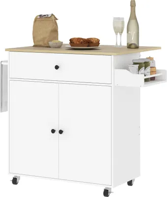 A white kitchen island with a wooden countertop, shown against a white background.