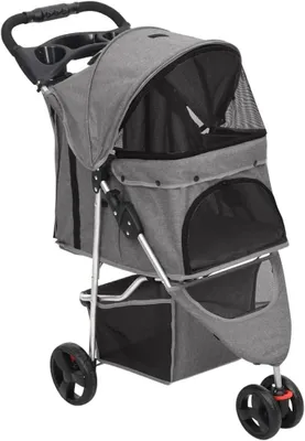 Produktbild von Faltbarer Hundebuggy aus 300D Oxford-Gewebe Grau 80 x 46 x 98 cm mit Sonnendach, atmungsaktivem Netz, Bremsrädern, Aufbewahrungskorb, bis 15 kg