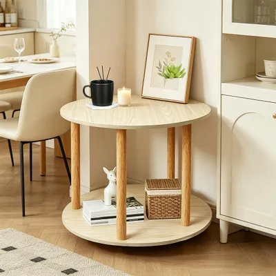 Produktbild von Runder Couchtisch aus Holz auf Rollen,2 Ebenen Kleiner Beistelltisch mit Ablage,Modern Sofatisch Nachttisch Für Kleine Räume,Wohnzimmer 60x60x53cm