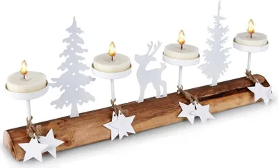 Produktbild von Home Styling Collection | Adventskerzenhalter für 4 Kerzen - 40 x 6 x 16,5 cm - Weißes Metall - Holzfuß