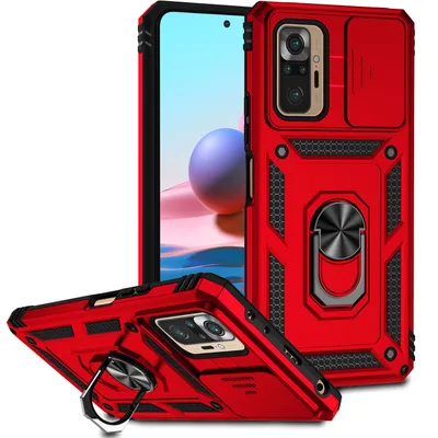 Immagine prodotto di Custodia per Xiaomi Redmi Note 10 Pro/10 Pro Max a doppio strato con copertura scorrevole della fotocamera e supporto ad anello rosso