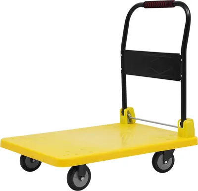 A yellow foldable platform trolley with black handle and wheels, shown against a white background.