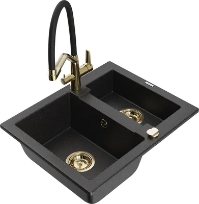 Produktbild von Mexen Carlos 1,5-Becken-Granitspüle mit Mischbatterie Duo, Schwarz/Silbermetallic - 6518-73-671701-57-G