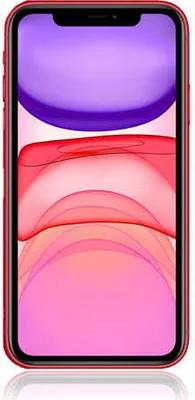 A red iPhone 11 is shown from the front.