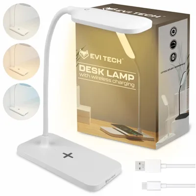 Produktbild von LED Schreibtischlampe Weiß mit 15W Induktionsladegerät, Touch-Steuerung & 3 Lichtmodi, Nachttischlampe für Kinder & Büro, EVI TECH Qi Ladestation