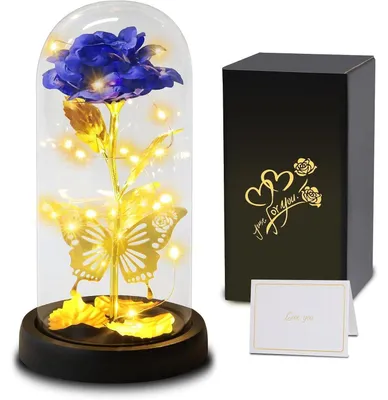 Productafbeelding van Infinity Rose in een vaas met verlichting, "Beauty and the Beast" galaxierose met 3D-vlinder, eeuwige bloem cadeau voor vrouwen, kleur: blauw