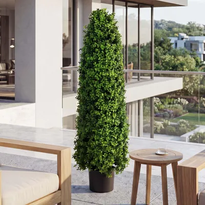 Produktbild von Künstlicher Buchsbaum HWC-Q89, Buchs Buxus im Topf Dekobaum Kunstpflanze Kegel naturgetreu immergrün Outdoor 120x35x35cm