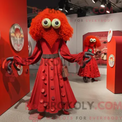 Productafbeelding van Mascottekarakter REDBROKOLY van een rode Medusa gekleed met een midi-jurk en portemonnees