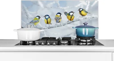 Produktbild von KitchenYeah®  Spritzschutz Küche - Küchenrückwand - Wandschutz für Herd und Spüle - Vogel - Kohlmeise - Winter - Schnee - Zweige 90x45 - Alu-Dibond (Alternative zum Spritzschutz aus Glas) - Hitzebestä