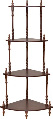 A four-tiered corner shelf unit against a white background.