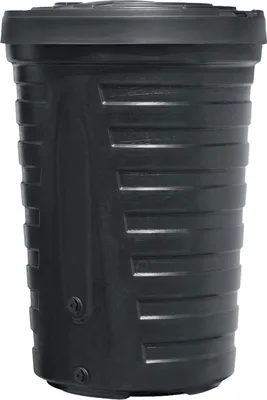 A black plastic rain barrel with a textured surface and a lid.