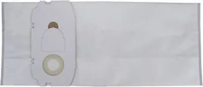 A white vacuum cleaner dust bag with a tan connector.