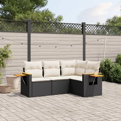 Produktbild von Design 4-tlg. Garten-Sofagarnitur mit Kissen Schwarz Poly Rattan, Gartenmöbel-Sets 2024 Neu
