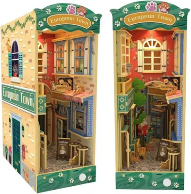 Immagine prodotto di Habarri | DIY Book Nook - Città dei gatti - Puzzle 3D - Kit casa in miniatura con mobili e luce LED - Kit Angolo Libri