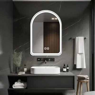 Image de Miroir de salle de bain LED, forme incurvée, éclairage intégré, variateur d'intensité, anti-buée, 3 couleurs, mémoire, 60x80 cm, blanc