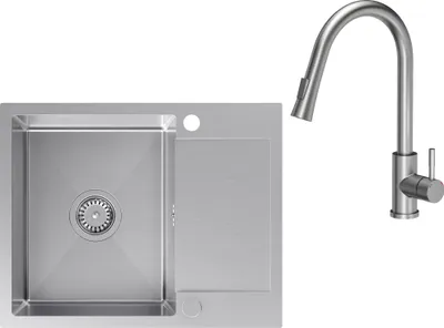 Immagine prodotto di VBChome Lavello in acciaio inox con rubinetto 60 x 48 cm Lavello da incasso in acciaio inox spazzolato con due fori Lavello grande Lavello da cucina con sgocciolatoio Sifone