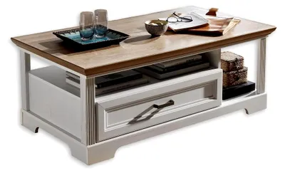 Produktbild von Couchtisch in heller Pinie, Artisan Eiche Optik - Sofatisch mit Schublade und Ablage für den Wohnbereich im Landhausstil - 120 x 45 x 67 cm (B/H/T)