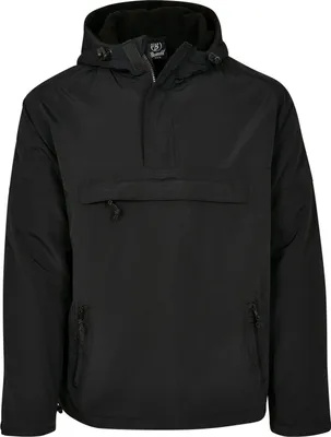 A black Brandit windbreaker jacket is shown against a white background.