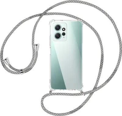 Produktbild von Handykette Backcover-Schutzhülle mit Band (Metall silberfarben) für Xiaomi Redmi Note 12 4G (6.67'') - weiß/grau kariert
