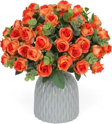 Image de Ensemble de fleurs artificielles - 4 roses oranges décoratives avec des feuilles d'eucalyptus - 44 pièces - Décoration pour mariage, maison, anniversaire