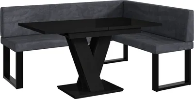 Produktbild von MEBLINI Eckbank für Esszimmer mit ausziehbarem Tisch  - Küchenbank - Essecke - Sitzecke Küche - TONI - U-Beine 128x168x87cm Rechts - Dunkelgrau Samt/M Schwarz Hochgl.