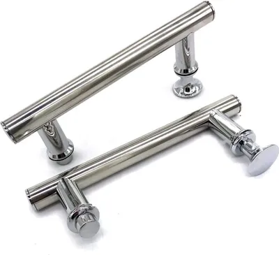 Two stainless steel door handles are shown against a white background.