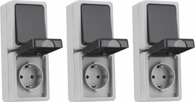 Produktbild von 3er Set Feuchtraum Kombination Steckdose Schalter Serie TAFF Aufputz vertikal IP44 grau