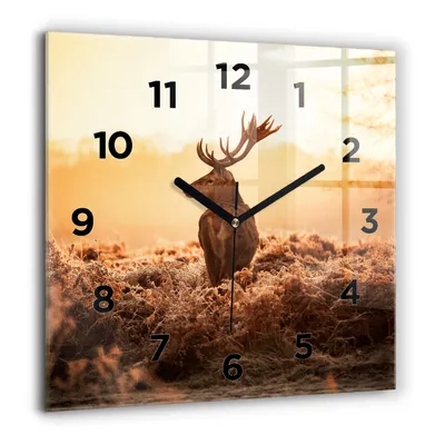 Produktbild von Wallfluent Große Wanduhr – Stilles Quarzuhrwerk - Uhr Dekoration Wohnzimmer Schlafzimmer Küche - Zifferblatt - schwarze Zeiger - 60 cm - Hirsche bei Sonnenaufgang