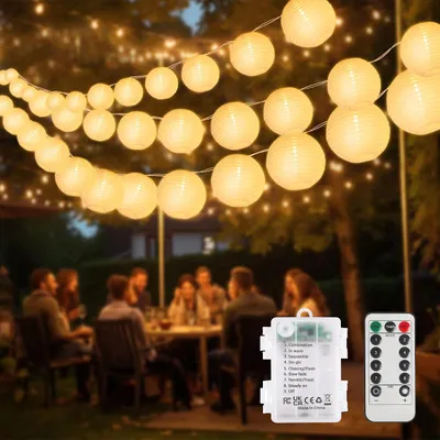 Imagen del producto de Guirnalda de luces de 8 metros con farolillos a pilas - 20 LEDs - Guirnalda decorativa con mando a distancia - Luz cálida