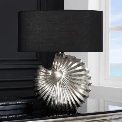 Produktbild von riess-ambiente Design Tischlampe SHELL 60cm silber schwarz Metall Stoffschirm maritim Tischleuchte Lampe Leuchte Nachttischleuchte Nachttischlampe