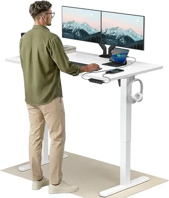 Obrázek produktu pro Výškově nastavitelný psací stůl s USB-C a USB-A nabíjecími porty, rozměry 140x80 cm, nastavitelná výška 72-118 cm, 4 paměťové přednastavení, kabelový management a háčky