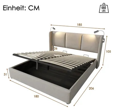 Image de Lit rembourré 180 x 200 cm avec coffre de rangement, ouverture hydraulique, lampe de lecture LED, fonction USB, lin, beige
