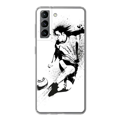 Produktbild von MuchoWow® Handyhülle Schutzhülle Hülle für Samsung Galaxy S21 Eine Illustration einer Person, die einen Fußball in Richtung Tor schießt - Jungen - Junge - Kind Silikon Softcase Handy Hülle - Softcase
