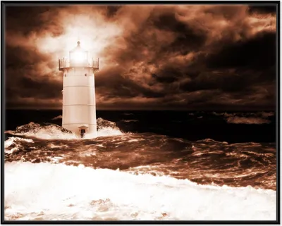 Produktbild von Wallario Wandbild Abstrakter Leuchtturm im Wasser bei stürmischer See, Größe: 40,30 x 50,30 cm, Poster mit schwarzem Aluminiumrahmen