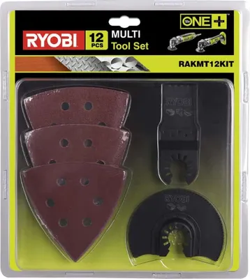 Produktbild von Ryobi RAKMT12KIT Set mit 12 Schleifblättern, Multifunktionsklingen, Universalaufsatz