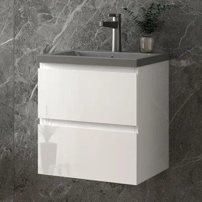 Produktbild von 50 cm Badmöbel-Set Unterschrank mit Dunkelgrau Mineralguss Waschbecken 2 Schubladen soft-close Hochglanz Weiß Selbstmontierter