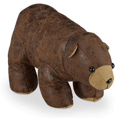 Image de Relaxdays - Butoir de porte « Ours », en tissu et simili cuir, pour sol, usage intérieur, lourd, butoir de porte décoratif en forme d'animal, H x L x P : 17 x 16 x 32 cm, marron