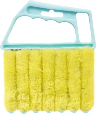 A cleaning brush with yellow microfiber bristles and a light blue handle.