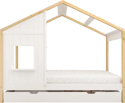 Image de Sunny Beau Lit Cabane Avec Tiroir De Rangement, En Bois, Marron/Blanc | Au Sol Pour Enfants, Montessori - Sans Matelas - 208 X 97 X 171 Cm | Pour