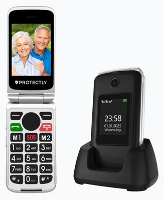 Productafbeelding van Protectly® Senioren Telefoon Klapbaar - 4G - SOS-Noodknop - Senioren Mobiele Telefoon - Senioren GSM - Grote Toetsen en 2.8″ Scherm - Oplaadstation - Nederlandstalig - Dubbel Scherm - Simlockvrij - Incl. Simkaart