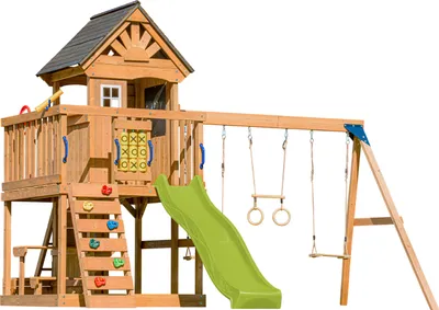 Produktbild von AXI Jack Spielturm aus Holz in Braun mit Doppelschaukel | Spielplatz für Kinder mit hellgrüner Rutsche, Schaukel, Trapez, Kletterwand, Picknicktisch