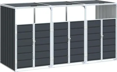 A three-bay trash can enclosure with dark grey doors and a white frame, set against a white background.