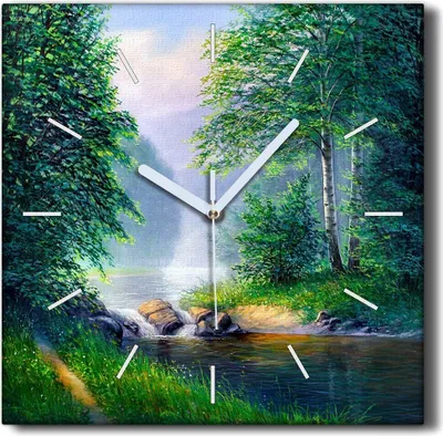 Produktbild von Coloray Hodiny Unikátní 30x30 cm  Tiché hodiny Pro obývací pokoj a kuchyň Nástěnné hodiny Plátno Černé ručičky hodin - Krajina Forest River