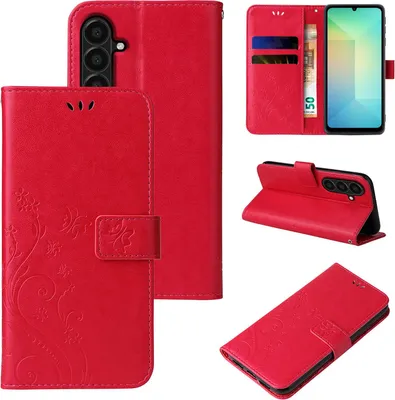Produktbild von Handyhülle für Samsung Galaxy A26 5G Floral Blumen Schmetterling Flip Cover Hülle Case Klapphülle Handytasche Farbe: Rot