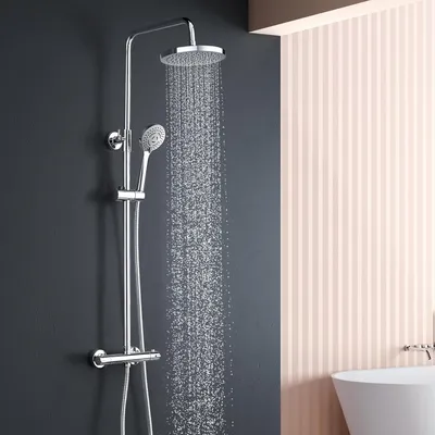 Produktbild von Regendusche mit armatur,YOOZENA Duschsystem Duscharmatur mit Thermostat, Duschkopf mit schlauch und halterung, Dusche regendusche set,Chrome Rund