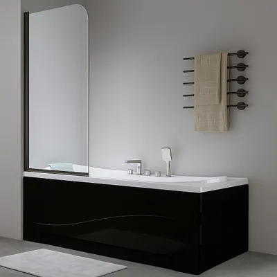 Produktbild von Badewanne MODERN BLACK&WHITE 160x70 mit Füßen, Siphon(schwaraz) und Schwarze Schürze (1x kurz, 1x lang - zwei Seiten), und Dushwand - 140x70 Schwarz